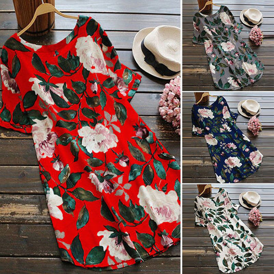 Summer Women Floral Print Short Sleeve Long Shirt Plus Size Loose Mini Dress