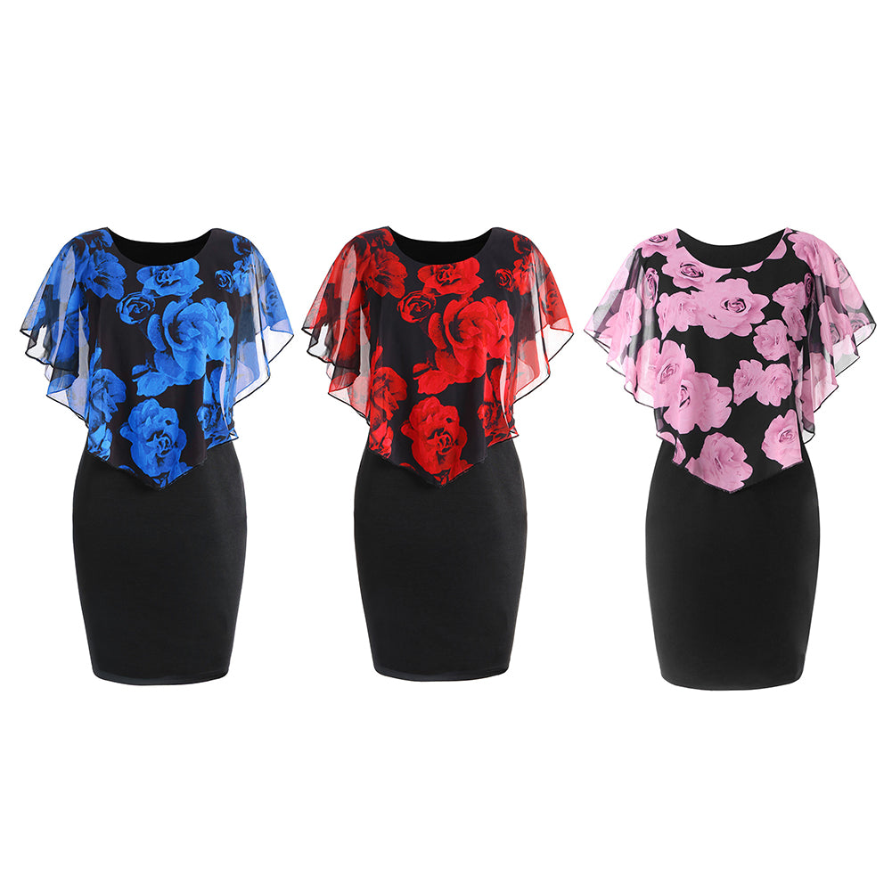 Fashion Elegant Rose Floral Print Shawl Design Round Neck Slim Fit Women Dress
