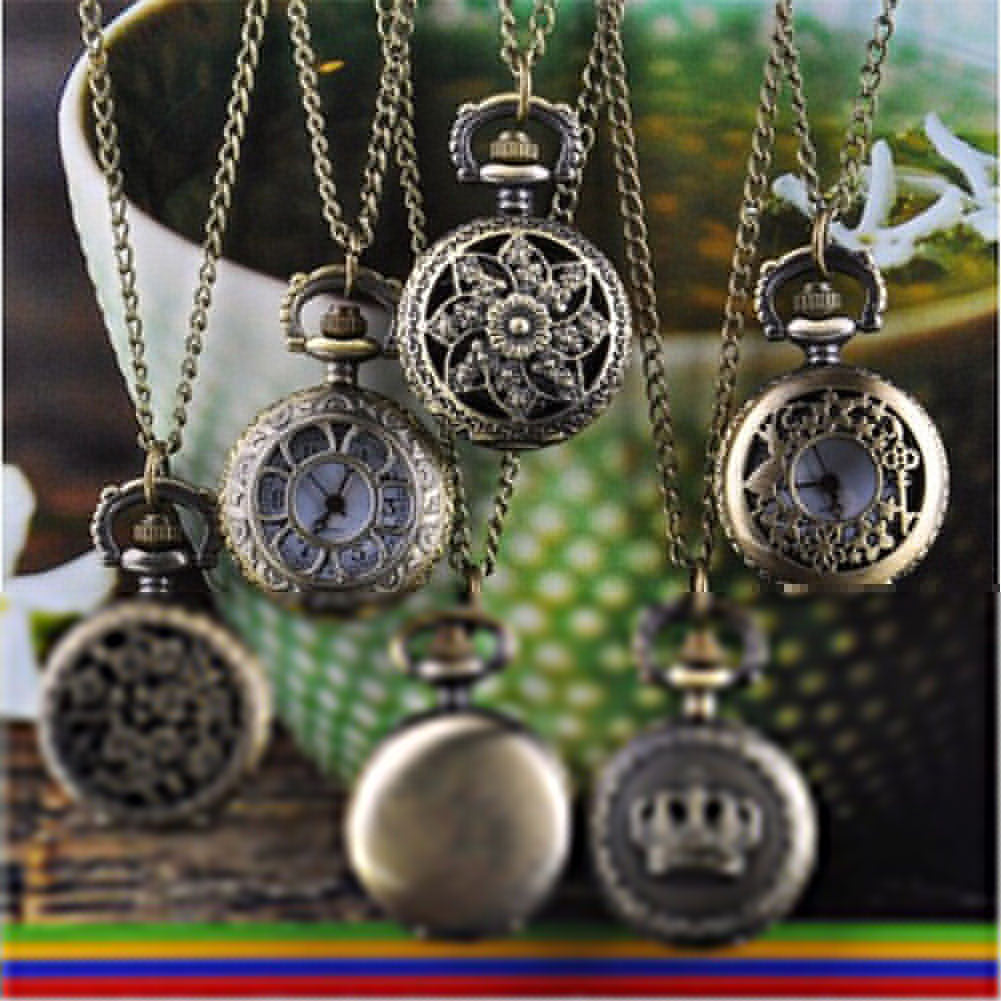 Unisex Vintage Hollow Crown Bronze Quartz Pocket Dress Watch Pendant Necklace