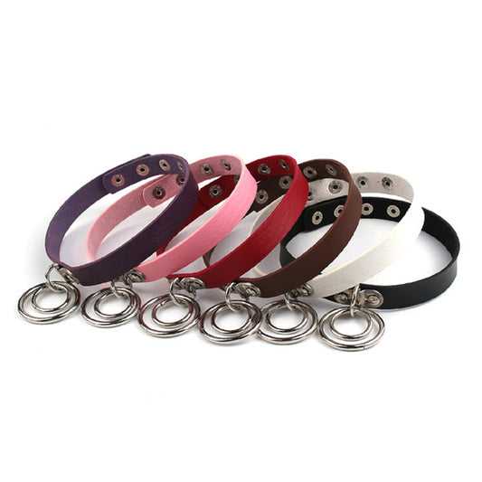 Lady Fashion Punk Choker Double Rings Pendant Faux Leather Short Collar Necklace