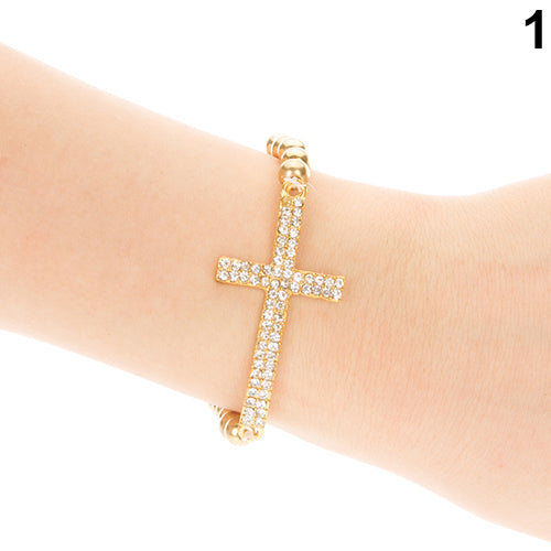 Fashion Women Rhinestone Beaded Cross Love Infinity Stretch Bracelet Chain Gift