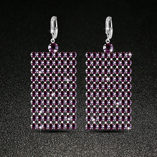 Silver Plated Long Rhinestone Tassels Rectangle Mesh Dangle Women Retro Earrings