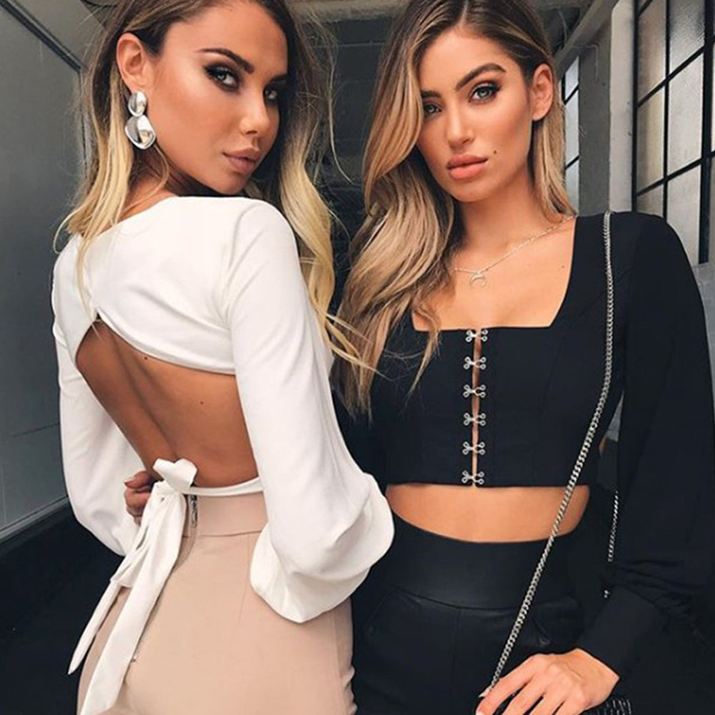 Fashion Women Solid Color Long Sleeve Summer Backless Bandage Crop Top Blouse