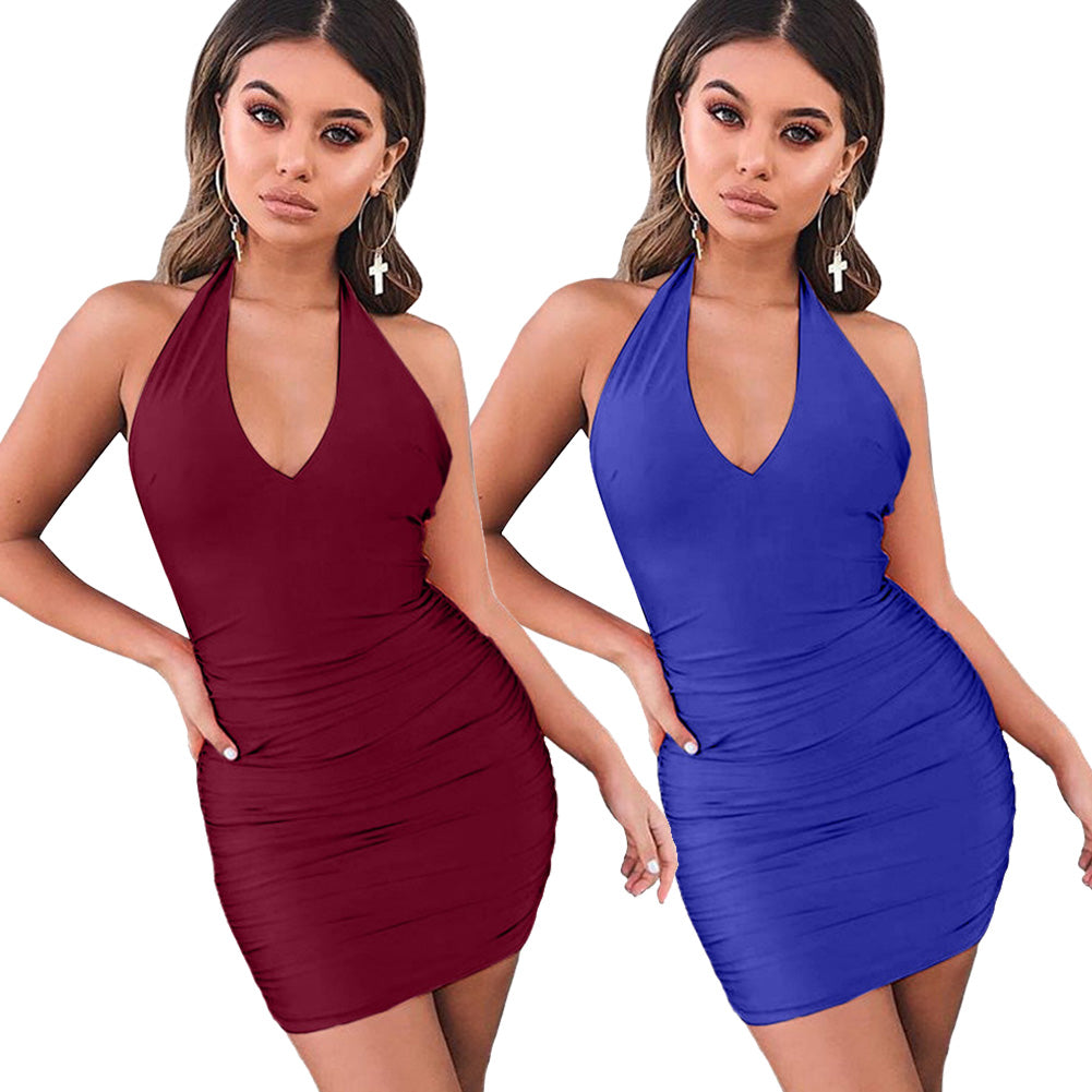 Women's Sexy Backless V Neck Solid Color Sleeveless Bodycon Summer Dress