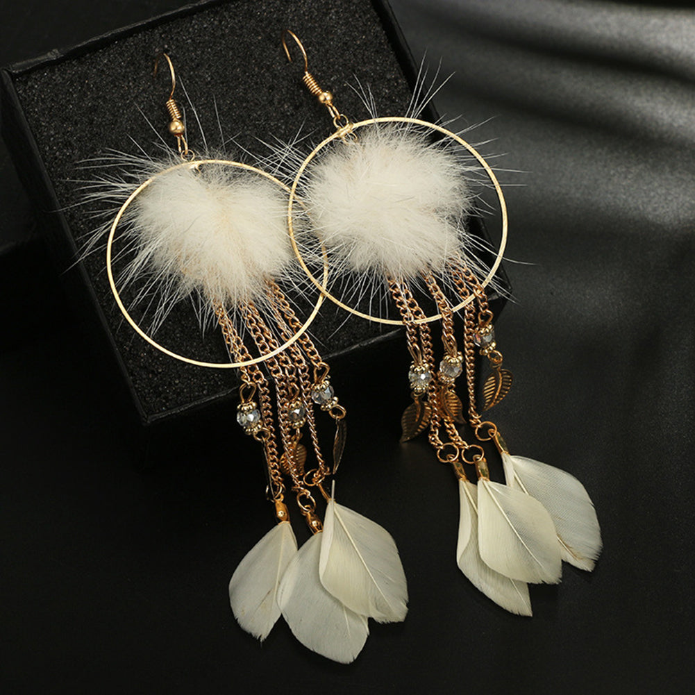 Women Hook Earrings Fur Ball Leaf Fringed Big Ring Long Pendant Feather Jewelry