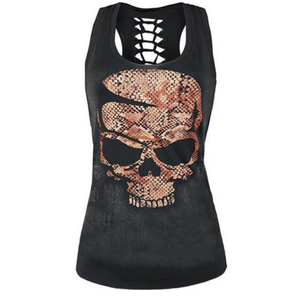 Women Summer Fashion Skull Print Sleeveless Slim Fit Hollow Out Tank Top Vest