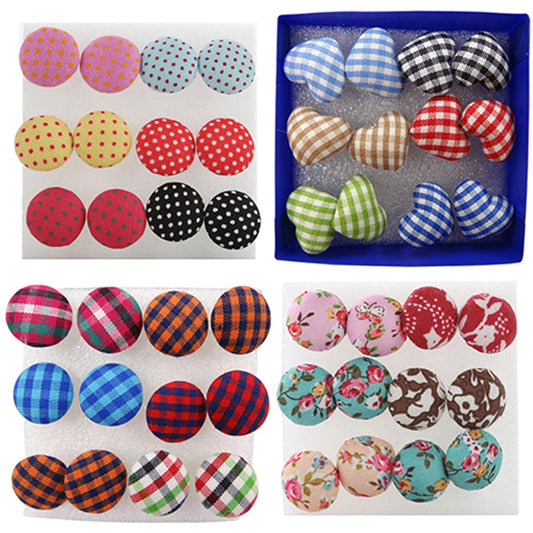 6 Pairs Vintage Colorful Cloth Button Plastic Pin Ear Studs Earrings Jewelry