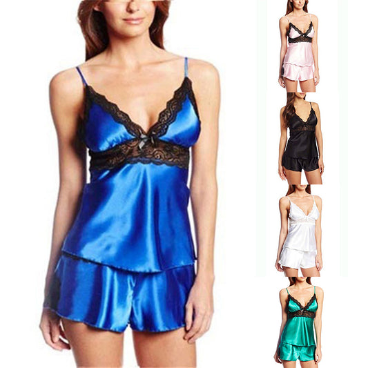 Sexy Two-piece Sleepwear Spaghetti Strap V-Neck Lace Stitching Top + Shorts