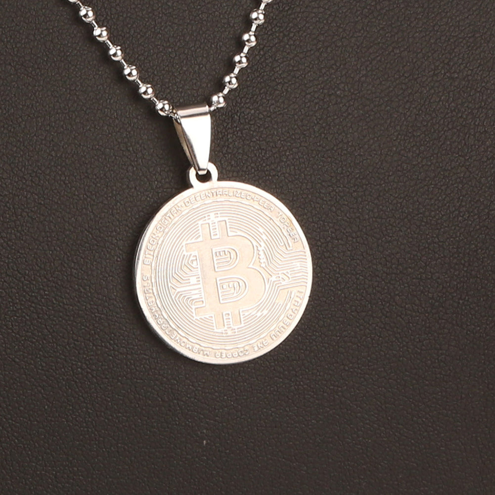 Stainless Steel Commemorative Bitcoin Pendant Bead Chain Unisex Necklace Jewelry