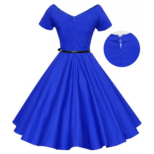 Women's Vintage Wide V-neck Long Swing Dress Short Sleeve Cocktail Party Dress