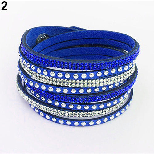 Women's Multilayer Faux Leather Punk Rhinestone Cuff Bracelet Bangle Wristband