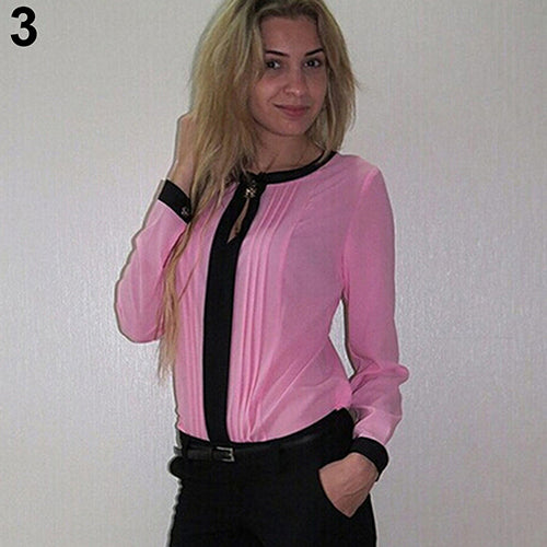 Women's Casual Fashion Patchwork Long Sleeve Pleated Chiffon Shirt Blouse Top