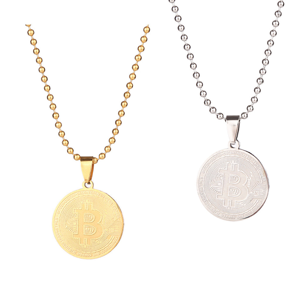 Stainless Steel Commemorative Bitcoin Pendant Bead Chain Unisex Necklace Jewelry