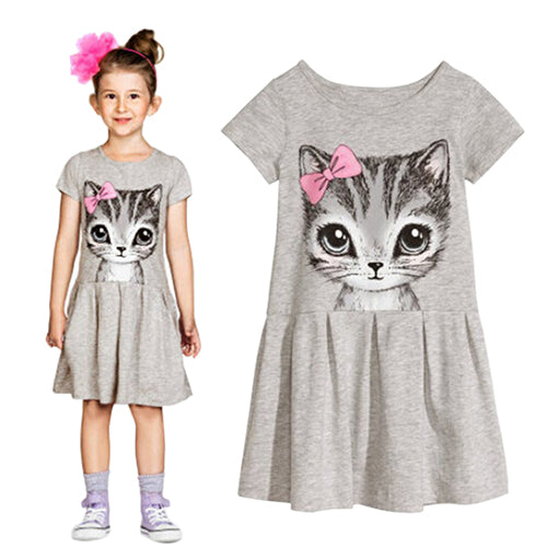Kids Girls Fashion Summer Short Sleeve Cute Cat Bowknot Dress O-Neck Dress