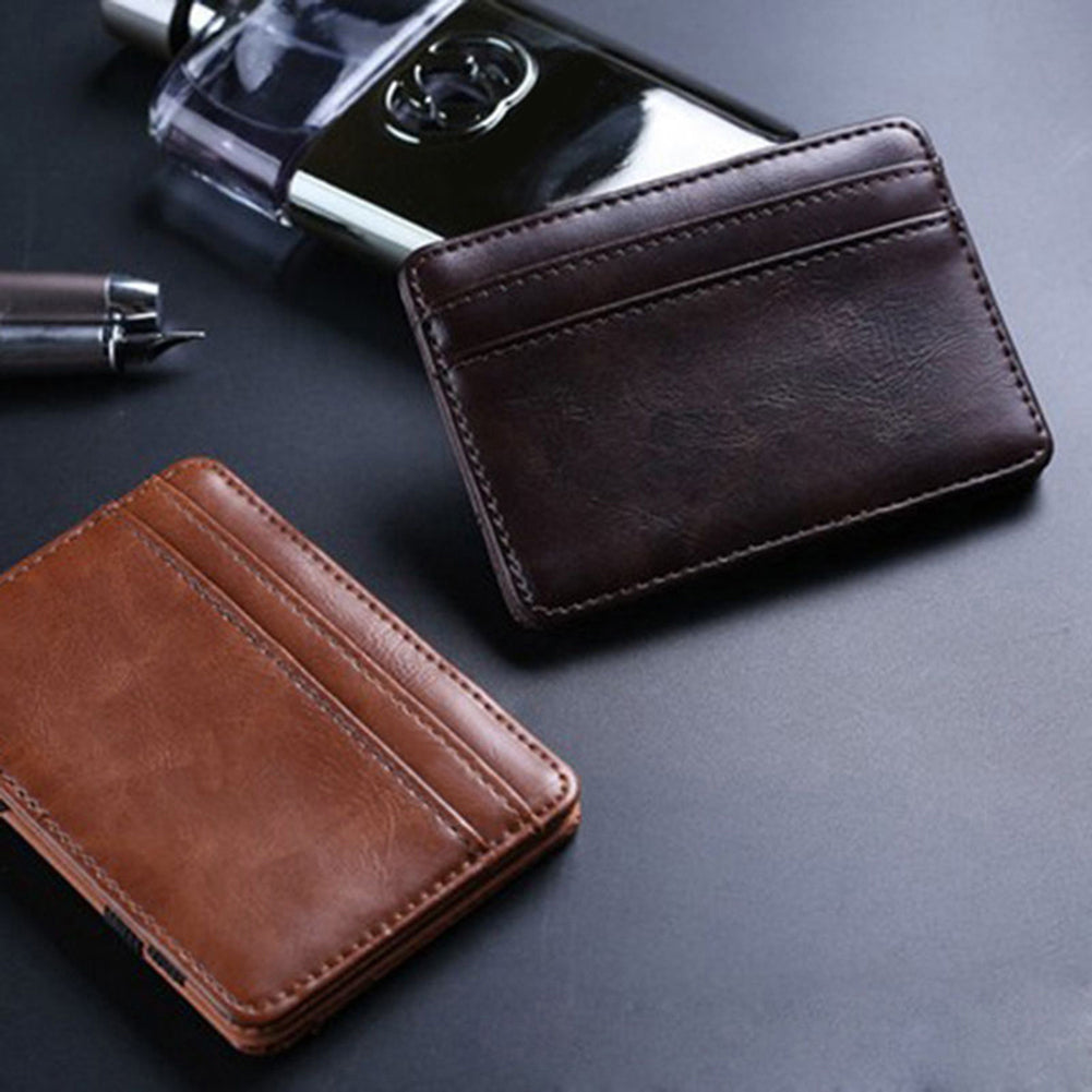 Men's Business Faux Leather Money Clip Card Holder Slim Bifold Magic Wallet