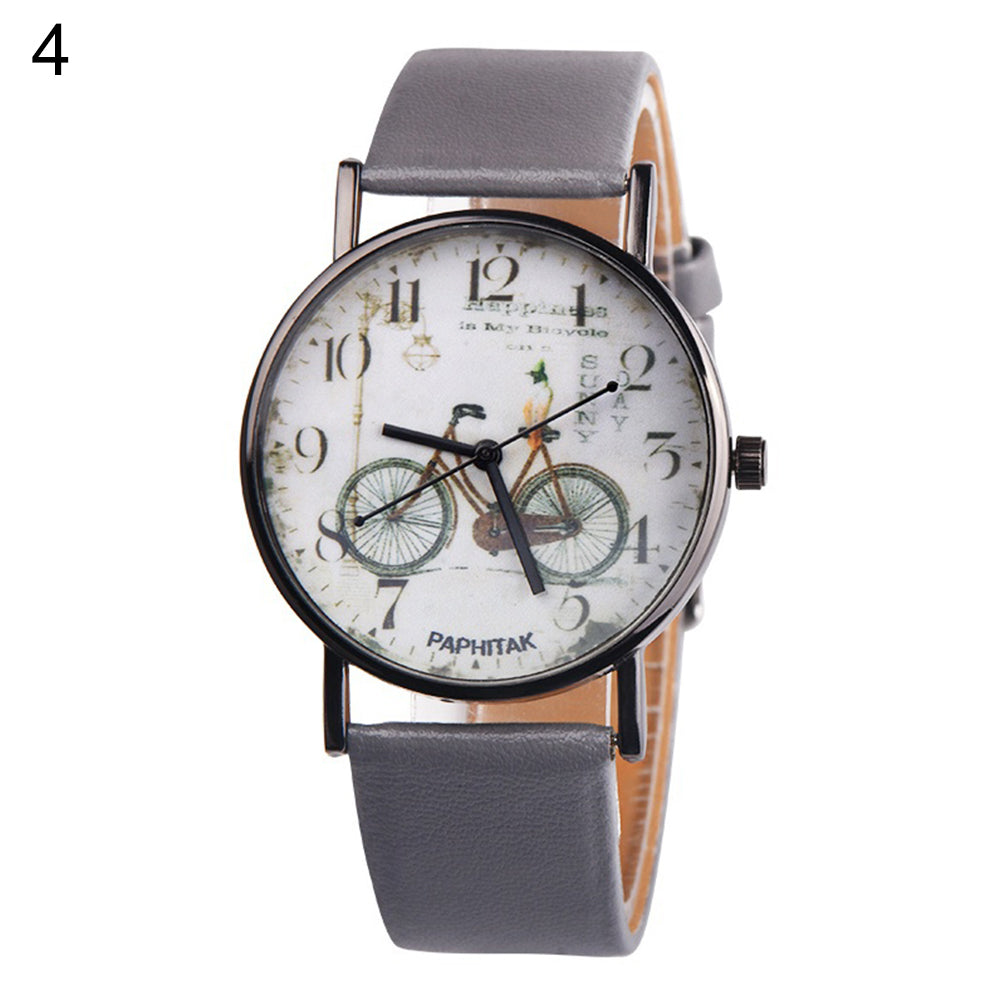 Vintage Bike Print Round Dial Analog Faux Leather Band Quartz Women Wrist Watch