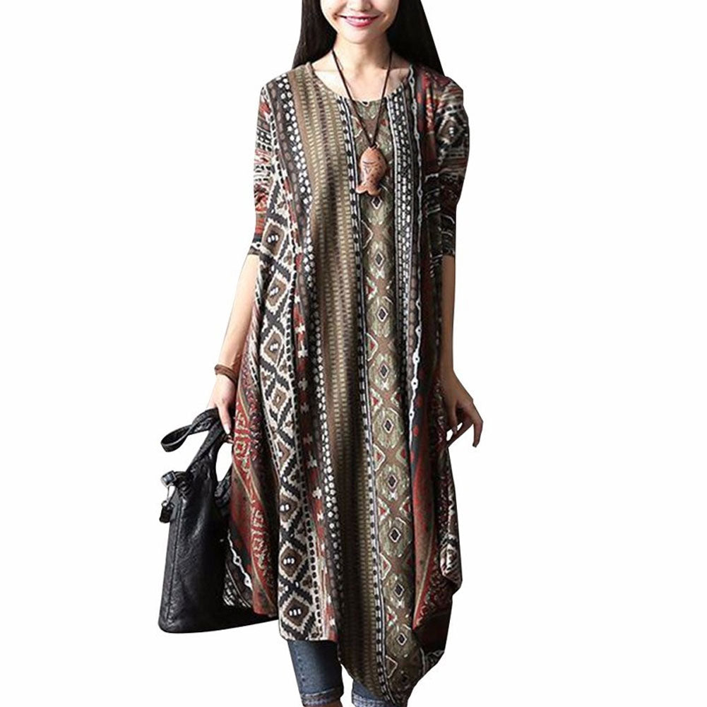 Retro Printed Round Neck Long Sleeve Irregular Women's Casual Loose Long Dress
