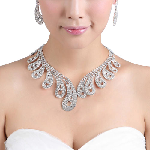 Women Luxury Elegant Rhinestone Teardrop Necklace + Earrings Bridal Jewelry Set