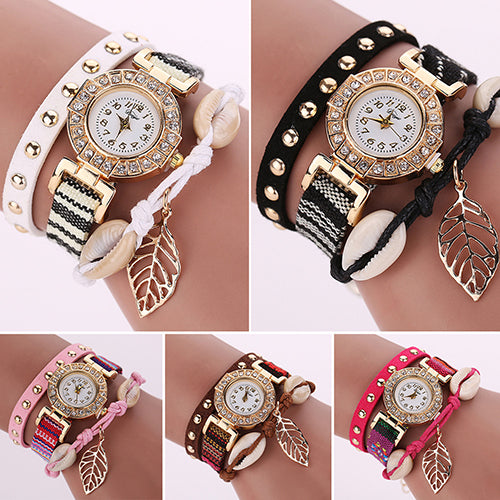 Women's Inlaid Rhinestone Leaf Shell Rivet Faux Leather Braided Band Wrist Watch