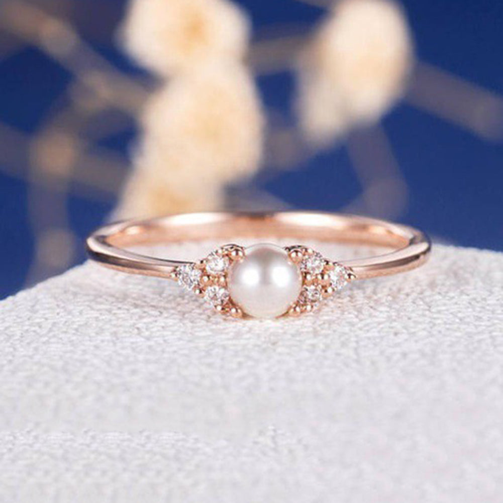 Faux Pearl Rhinestone Inlaid Fashion Women Slim Ring Engagement Proposal Band