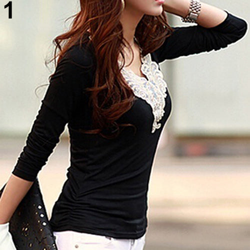 Women's Embroidery Lace Decoration Tops V Neck Long Sleeves Slim Cotton T-Shirt