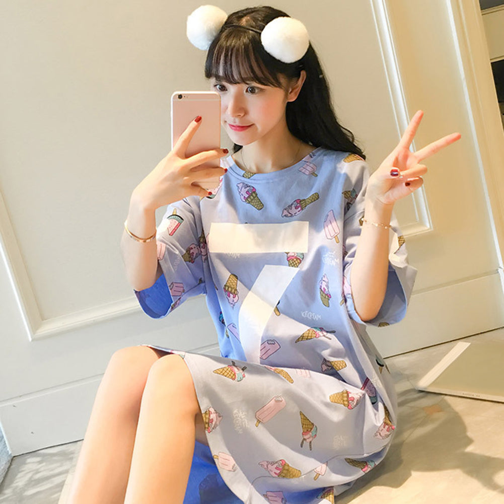 Women Cotton Short Sleeve O Neck Ice Cream Pattern Night Dress Night Sleepwear