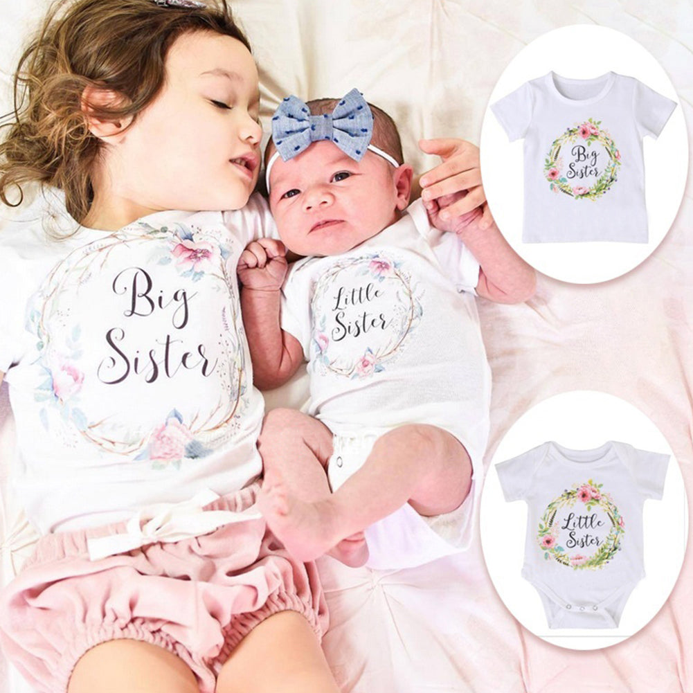 Girl Baby Cotton Clothes Little Big Sister Floral Print T-shirt Jumpsuit Romper