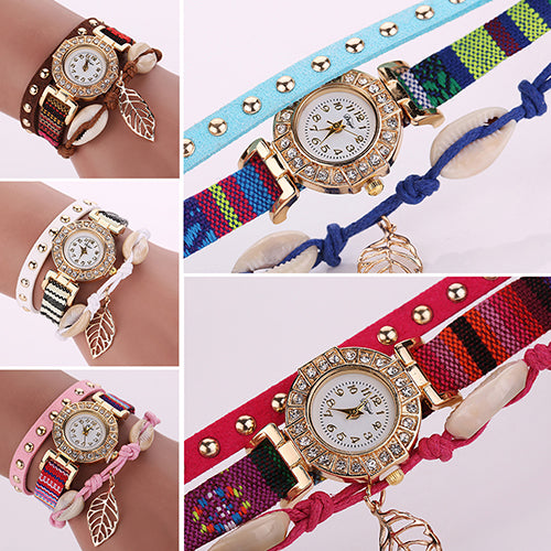 Women's Inlaid Rhinestone Leaf Shell Rivet Faux Leather Braided Band Wrist Watch