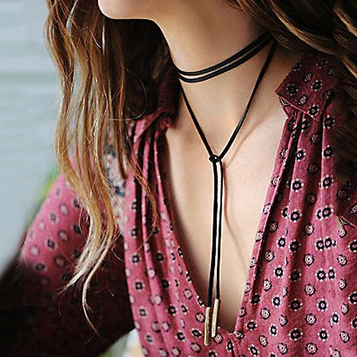 Punk Women Boho Fannel Rope Tube Pandent Choker Long Necklace Gothic Jewelry