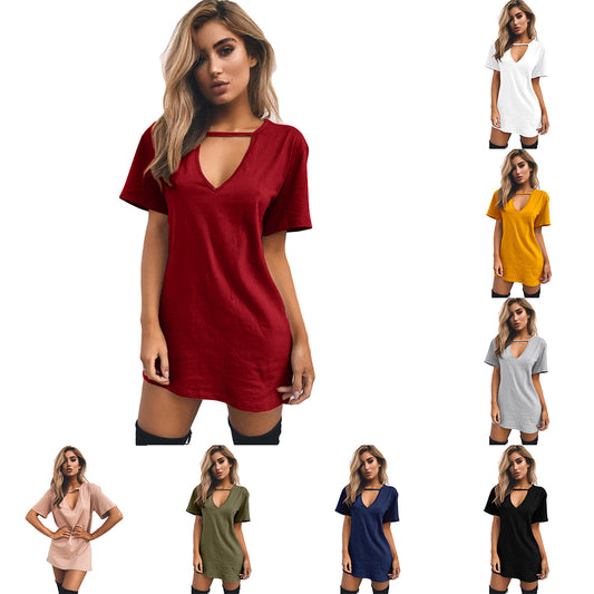 Casual Women Short Sleeve Long T-shirt Tee Dress Solid Color Hollow V-Neck Top