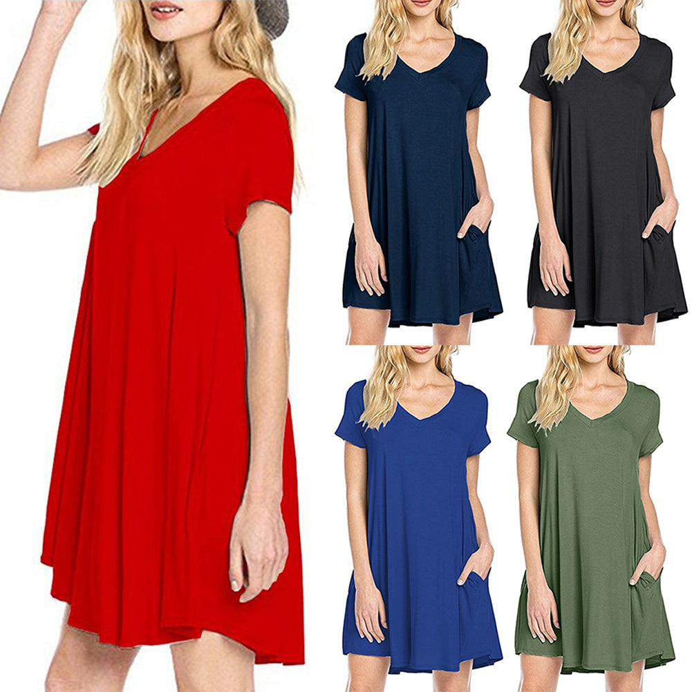 Women's Casual Simple Plain Side Pockets Summer Loose V-Neck T-shirt Dress