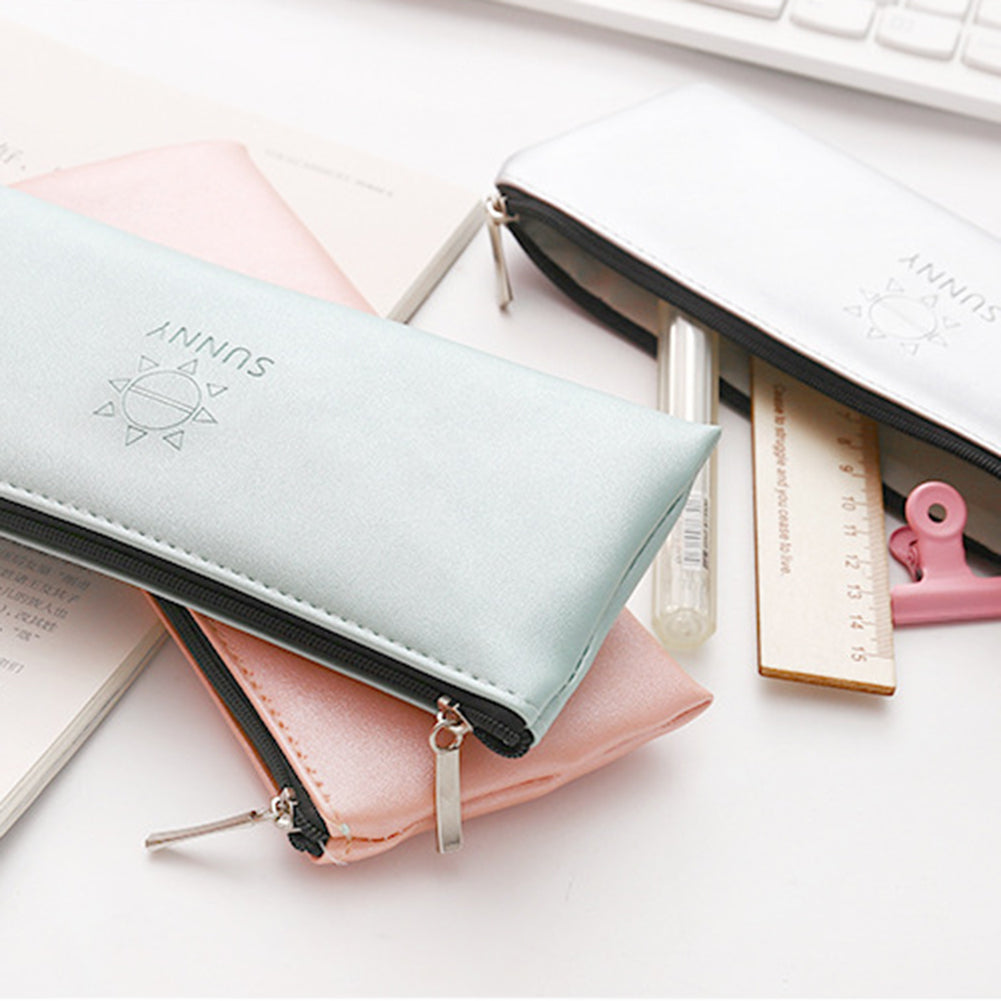 Sunny Faux Leather Pen Pouch Pencil Case Stationery Storage Bag Student Gift