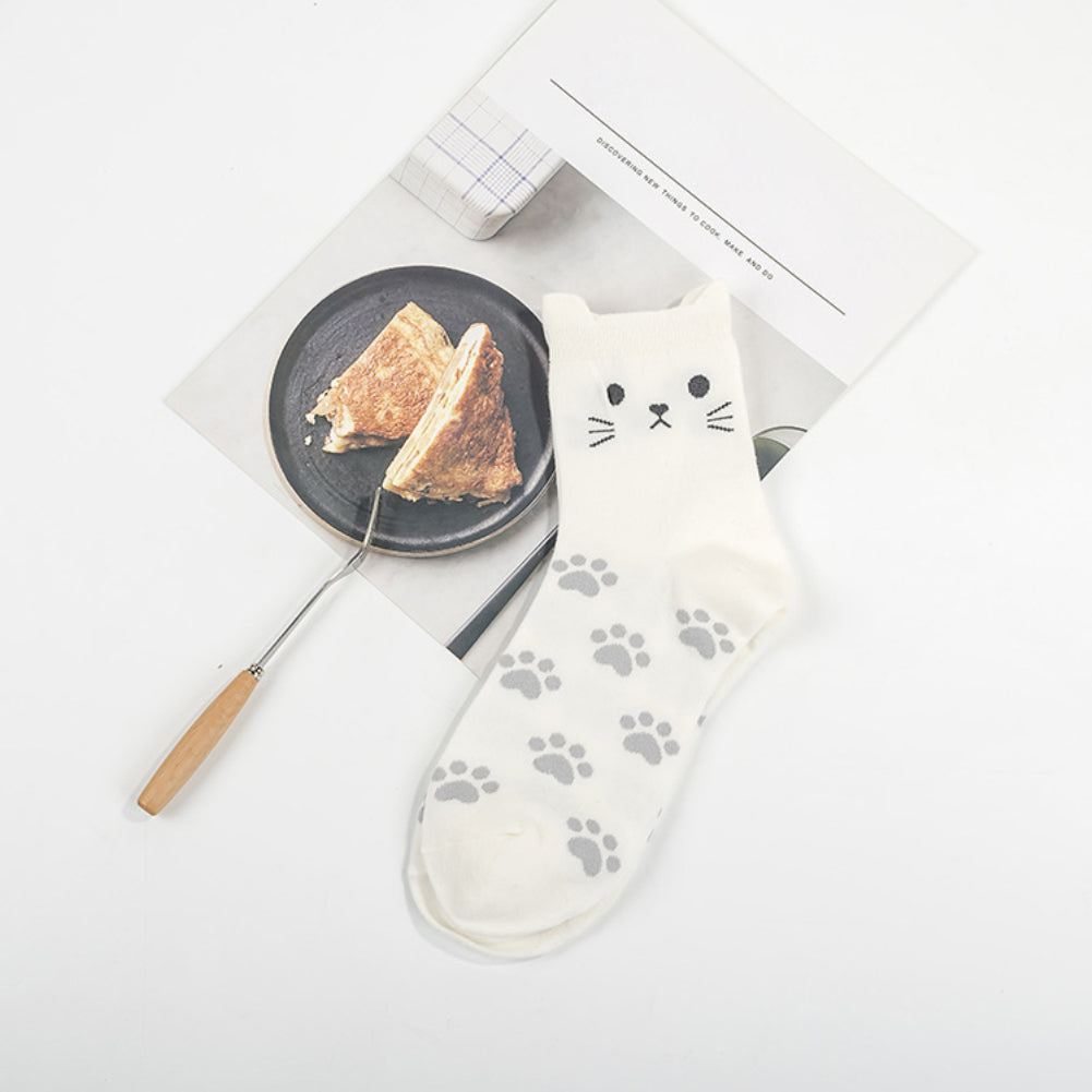 Lovely Candy Color Cartoon Cat Paw Print Women Cotton Soft Warm Short Socks