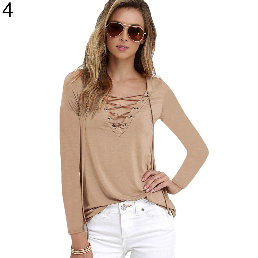 Women Sexy Plain Deep V Neck Cross Eyelet Lace Up Long Sleeve Blouse Top Shirt