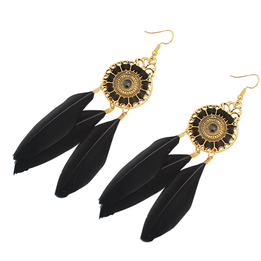 Vintage Women Long Feather Round Hollow Circle Hook Earrings Party Jewelry Gift