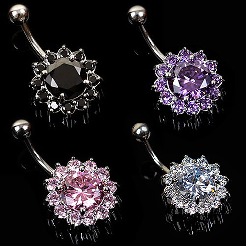 Women's Crystal Rhinestone Flower Navel Belly Button Ring Bar Body Piercing