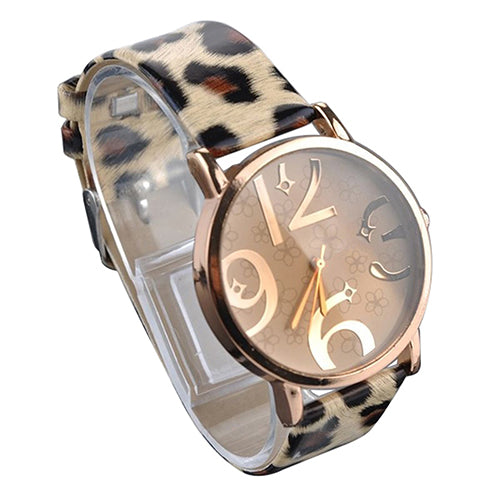 Women's Casual Flowers Big Numbers Dial Faux Leather Strap Quartz Wrist Watch