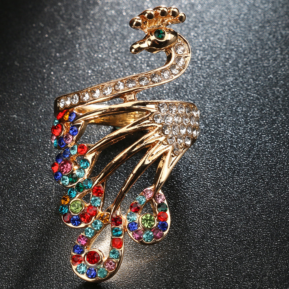 Women Retro Gold-plated Rhinestones Peacock Shape Finger Ring Jewelry Gifts