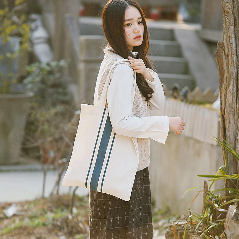Stripe Print Minimalism Tote Canvas Handbag Women Shoulder Bag Shopping Pouch