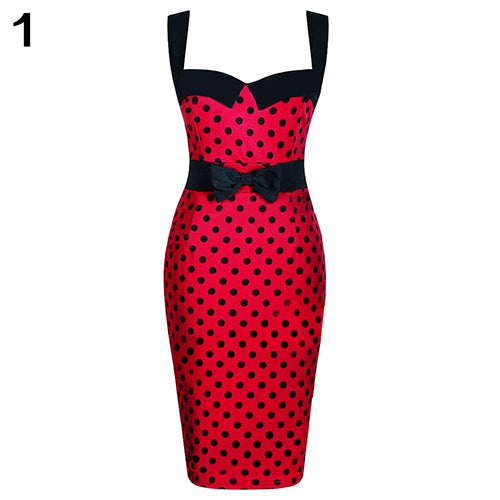 Women Summer Vintage Sexy Polka Dots Sleeveless Bodycon Bowknot Pencil Dress