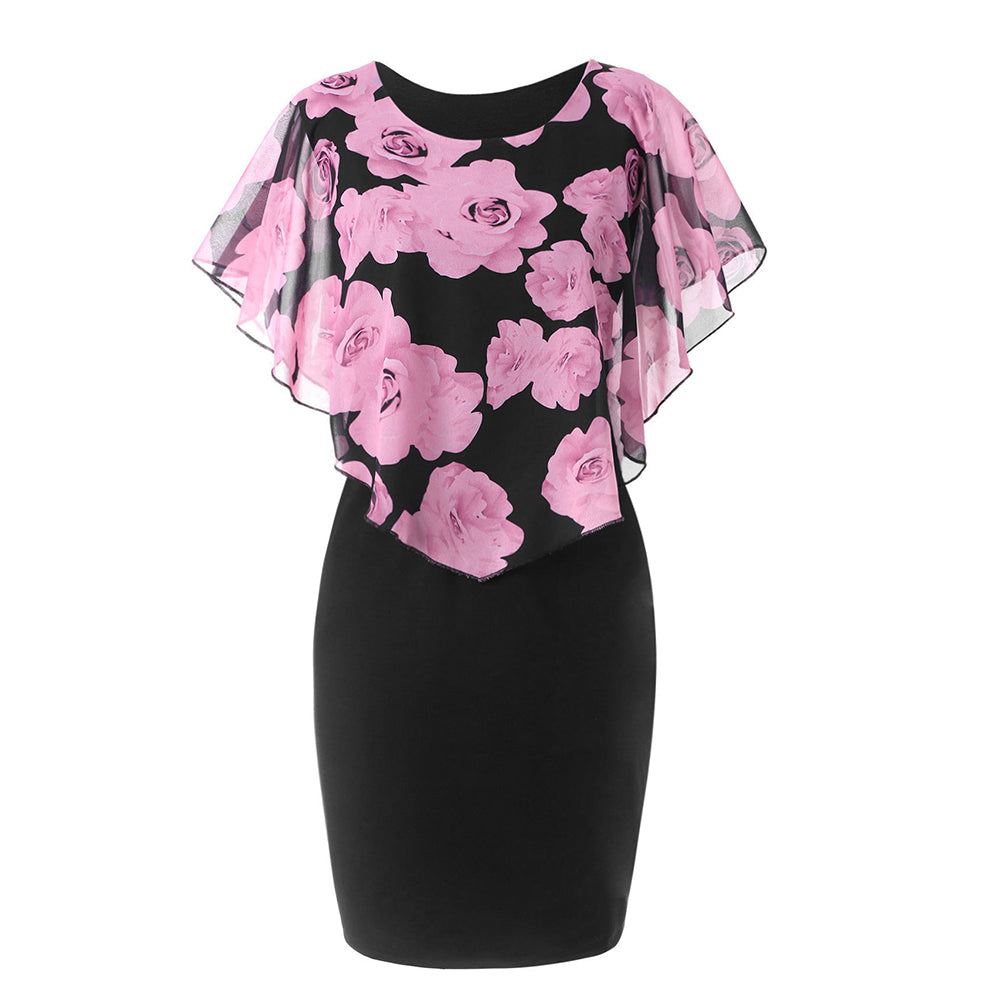 Fashion Elegant Rose Floral Print Shawl Design Round Neck Slim Fit Women Dress