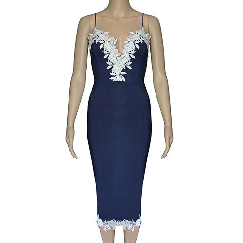 Summer Women Spaghetti Strap Package Hip Deep V-Neck Lace Stitching Party Dress