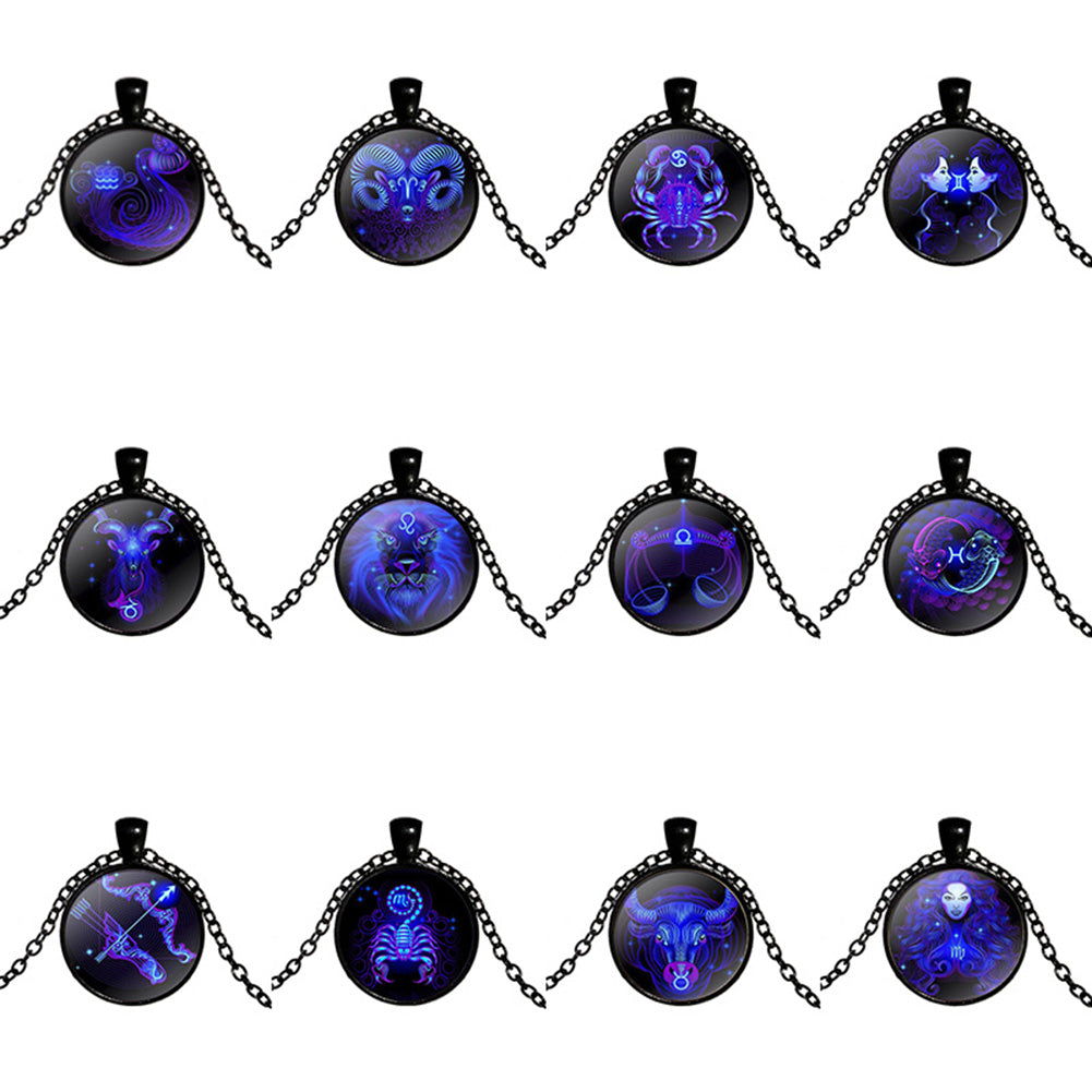 Women Retro Round Twelve Constellations Pendant Sweater Chain Necklace Jewelry