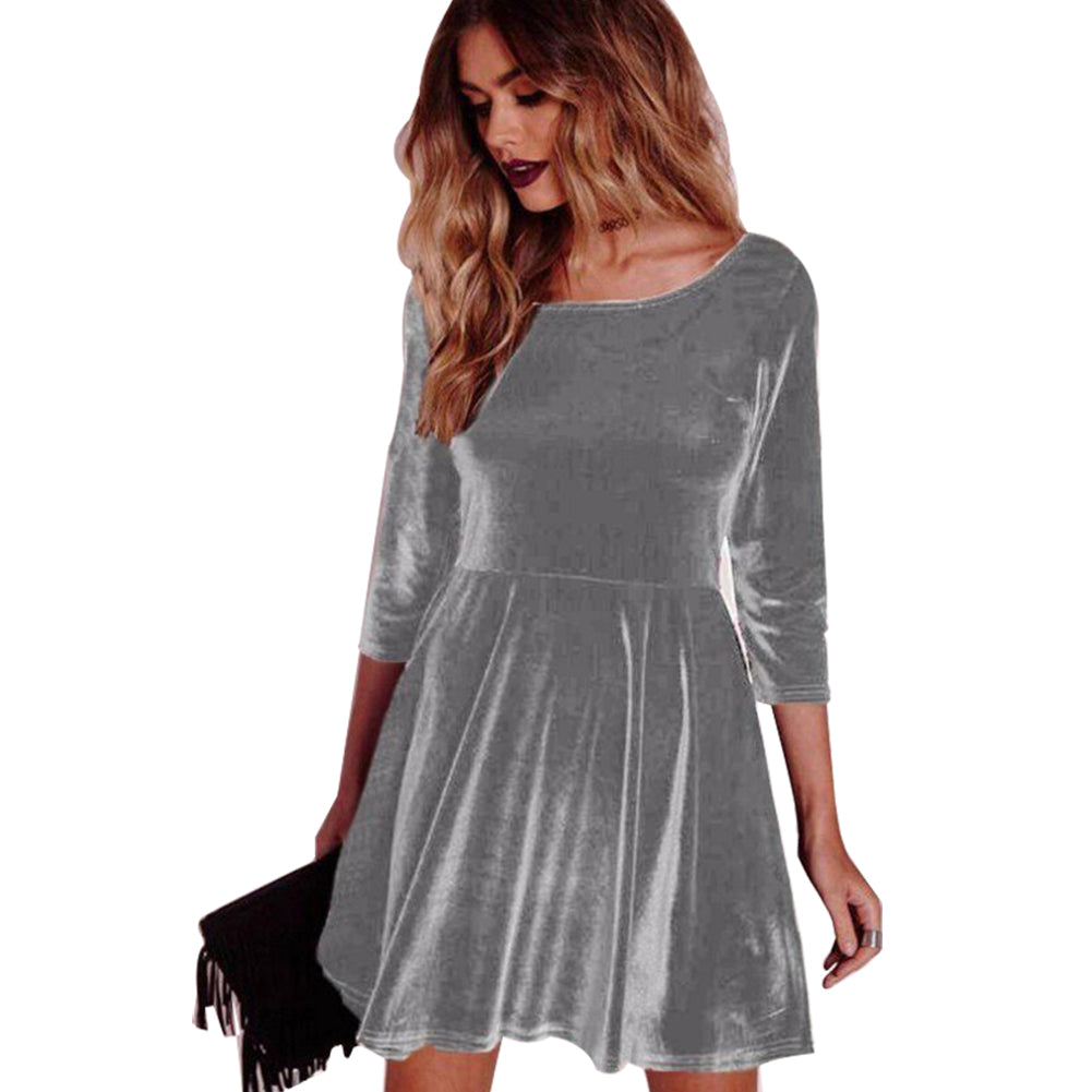 Winter Women Solid Color Long Sleeve Velvet Swing Party Evening Slim Mini Dress