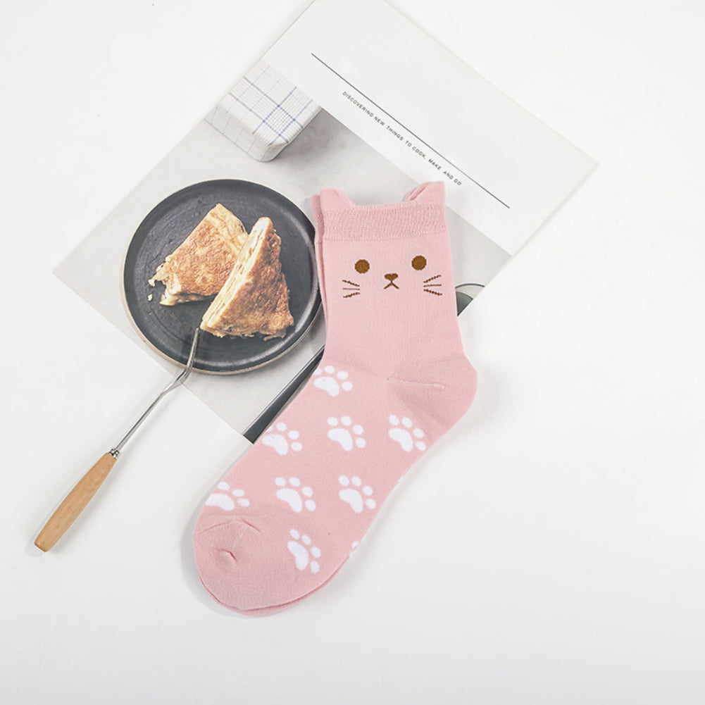 Lovely Candy Color Cartoon Cat Paw Print Women Cotton Soft Warm Short Socks