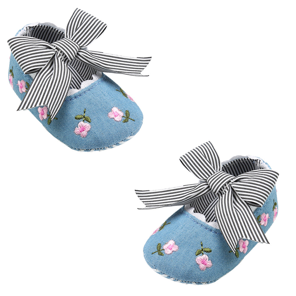 Toddler Baby Girls Cute Flower Embroidered Shoes Bowknot Anti-Slip Prewalkers