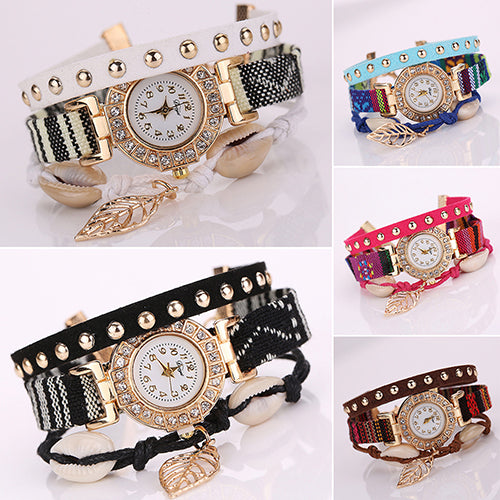 Women's Inlaid Rhinestone Leaf Shell Rivet Faux Leather Braided Band Wrist Watch