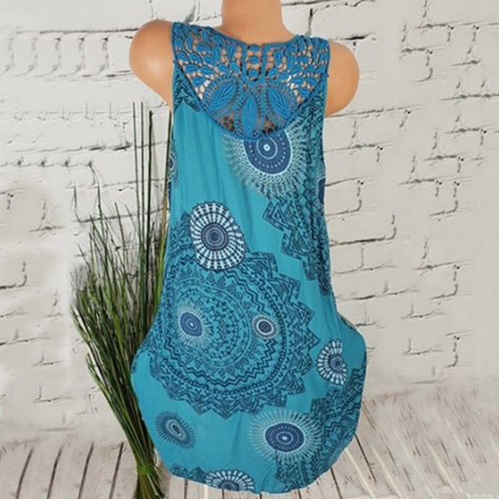 Fashion Printed Back Hollow Out Lace Sleeveless Women Summer T-Shirt Tank Top