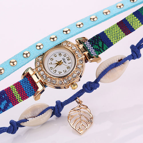 Women's Inlaid Rhinestone Leaf Shell Rivet Faux Leather Braided Band Wrist Watch