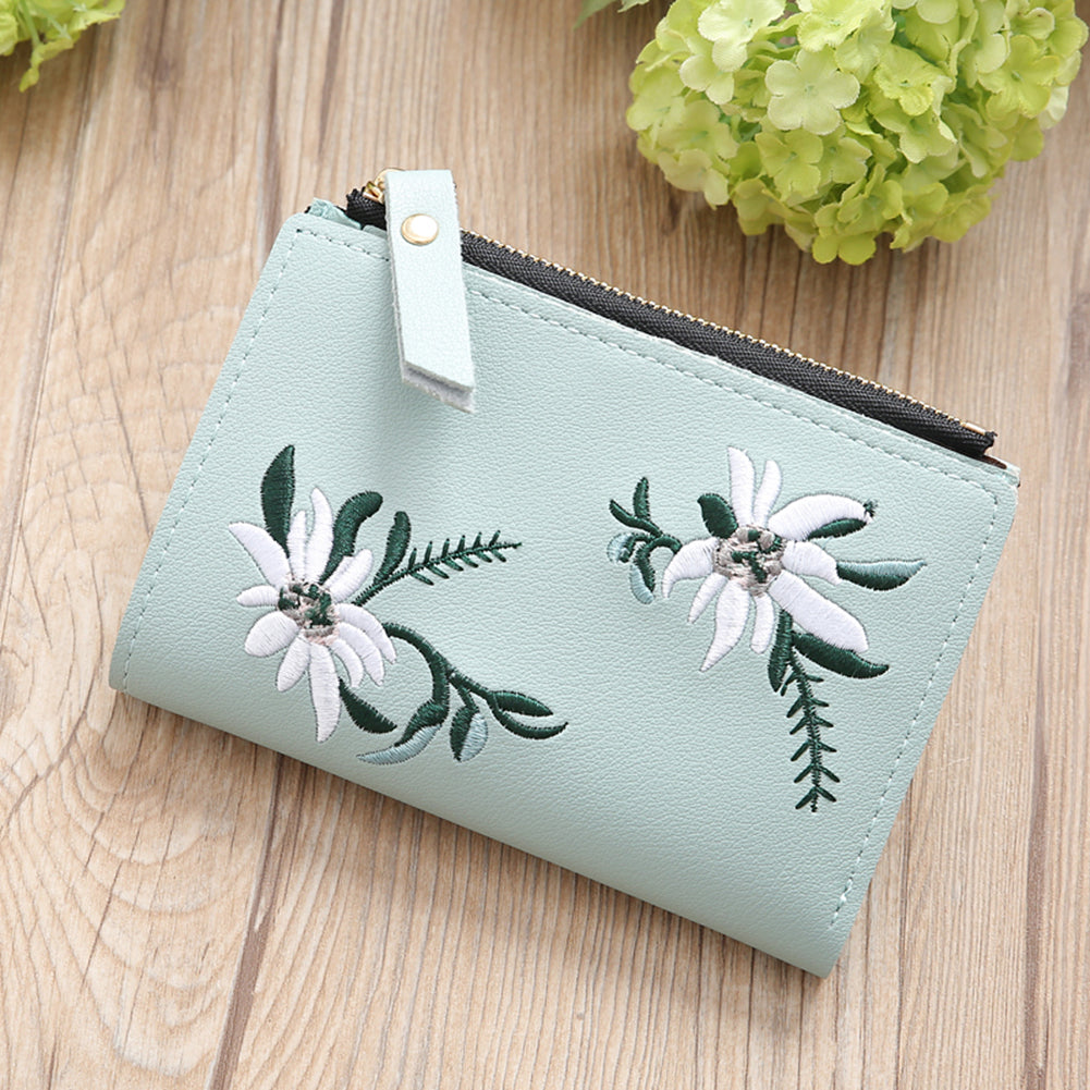 Embroidery Flower Faux Leather Women Girl Coin Purse Card Holder Short Wallet